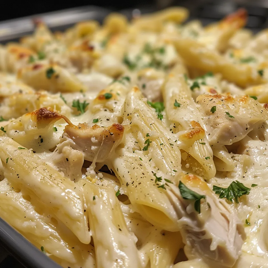 Side angle of Chicken Alfredo Casserole, highlighting layers of pasta, chicken, and melted cheese.