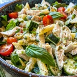 A close-up view of a Chicken Alfredo Pasta Salad with vibrant colors and fresh ingredients.