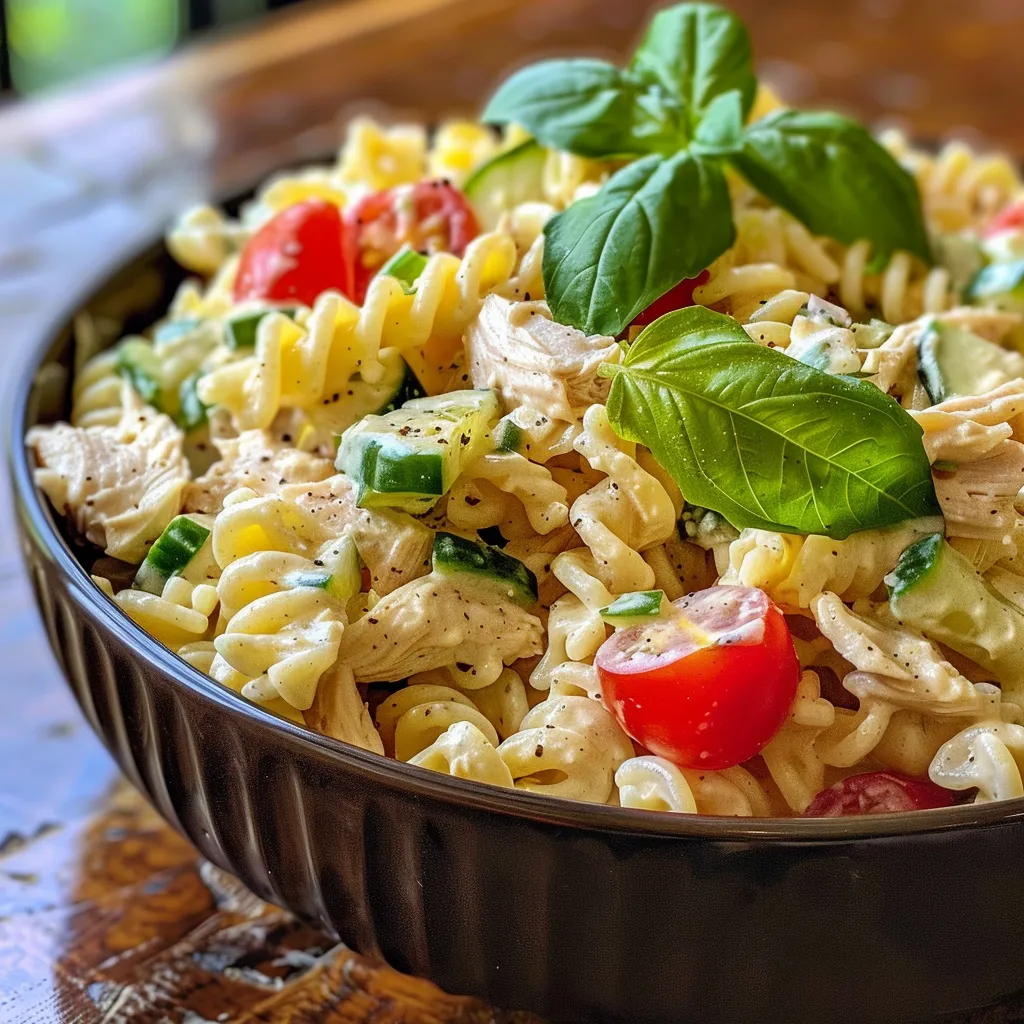 A side view of a delicious Chicken Alfredo Pasta Salad, featuring rotisserie chicken and cherry tomatoes.