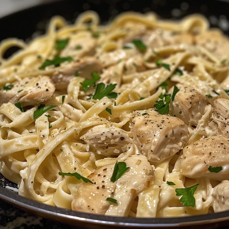 A close-up view of creamy Chicken Alfredo Pasta with fettuccine and garnished with parsley.