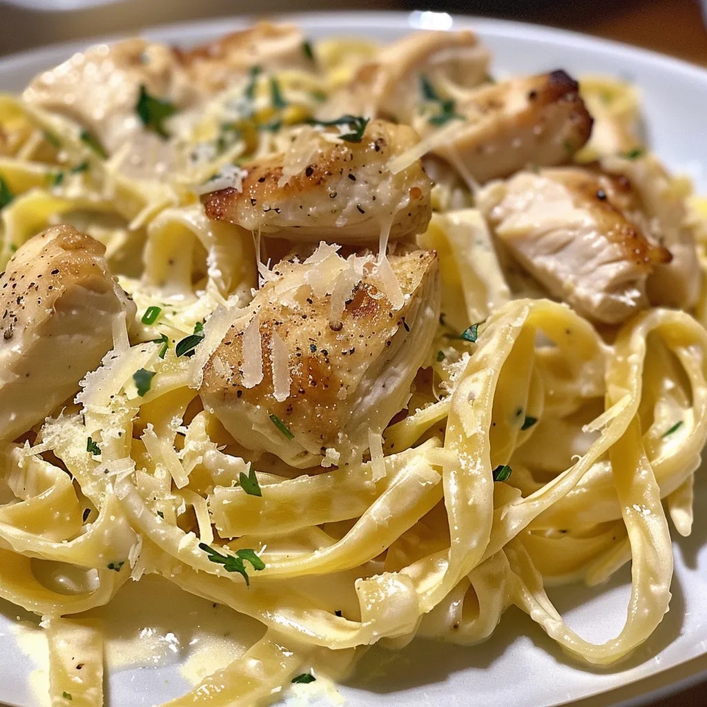 Juicy Chicken Alfredo Pasta arranged on a plate, featuring fettuccine noodles and a rich sauce.