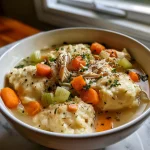 Close-up of a bowl of Chicken and Dumplings with a creamy broth and vegetables.