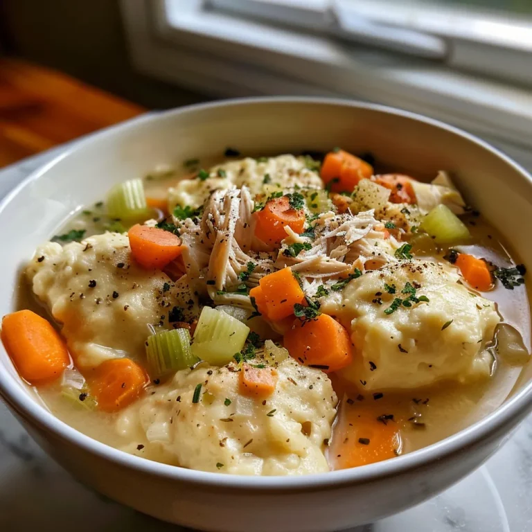 Close-up of a bowl of Chicken and Dumplings with a creamy broth and vegetables.