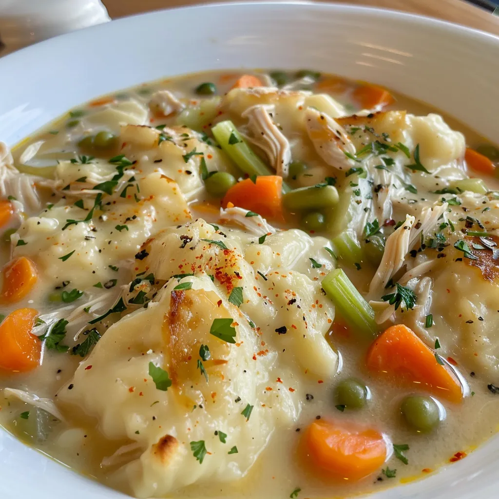 Side view of Chicken and Dumplings showcasing tender chicken pieces and fluffy dumplings.