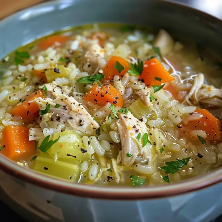 A close-up view of a steaming bowl of Chicken and Rice Soup with colorful vegetables.