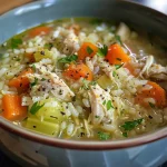 A close-up view of a bowl of Chicken and Rice Soup with colorful vegetables.