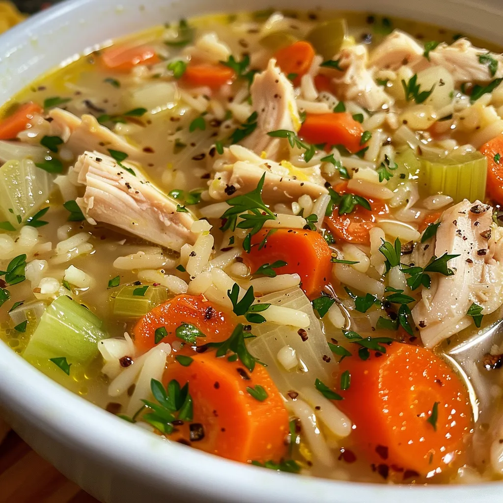 A side view of a vibrant Chicken and Rice Soup filled with chicken, rice, and diced vegetables.