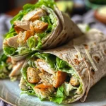 Close-up view of a Chicken Caesar Wrap filled with lettuce, chicken, and croutons.