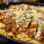 Close-up of Chicken Garlic Parmesan Pasta with golden-brown chicken and creamy sauce.