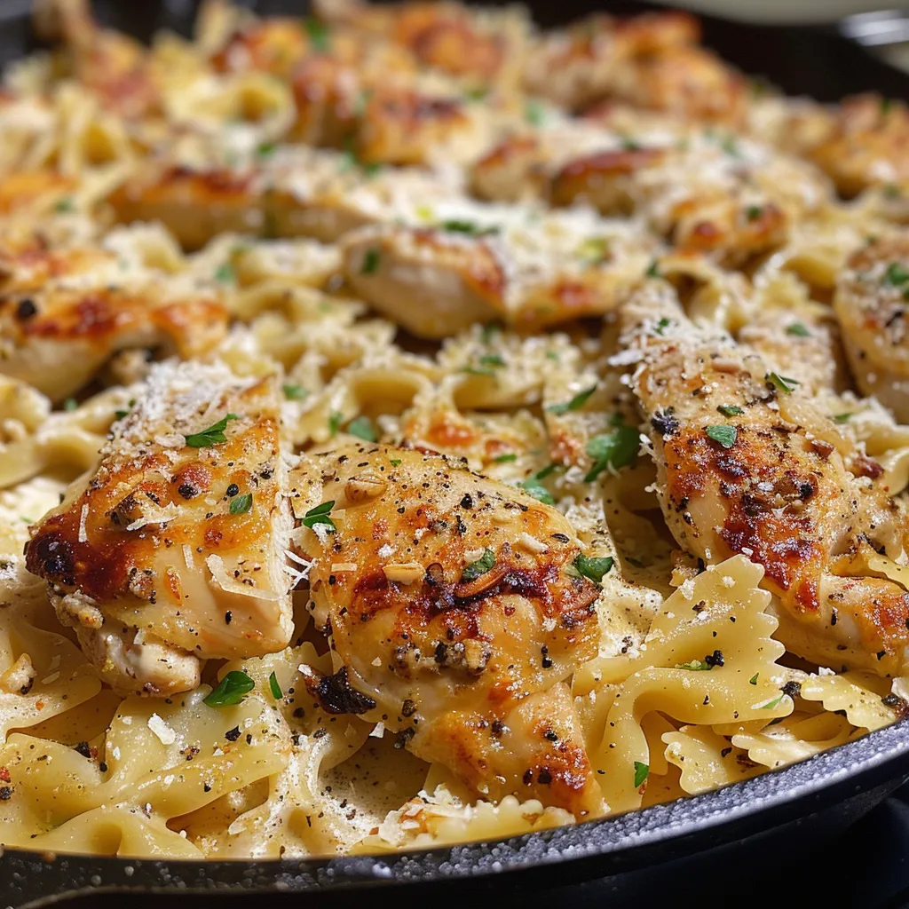 Juicy Chicken Garlic Parmesan Pasta presented in a bowl, featuring gluten-free farfalle pasta and herbs.