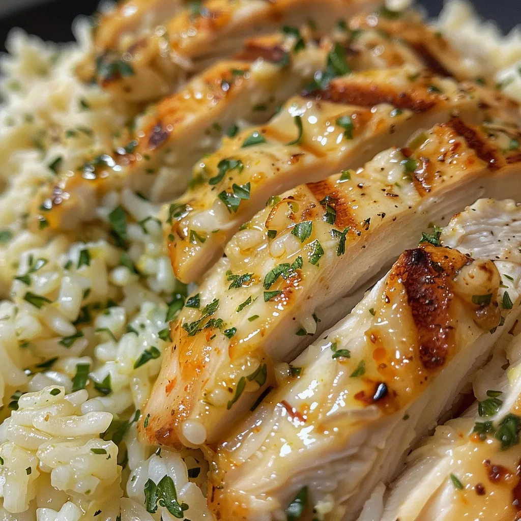 Close-up view of Chicken Herb Rice topped with fresh herbs and spices.