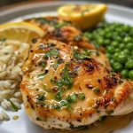 Close-up of juicy chicken pieces drizzled with lemon butter sauce.