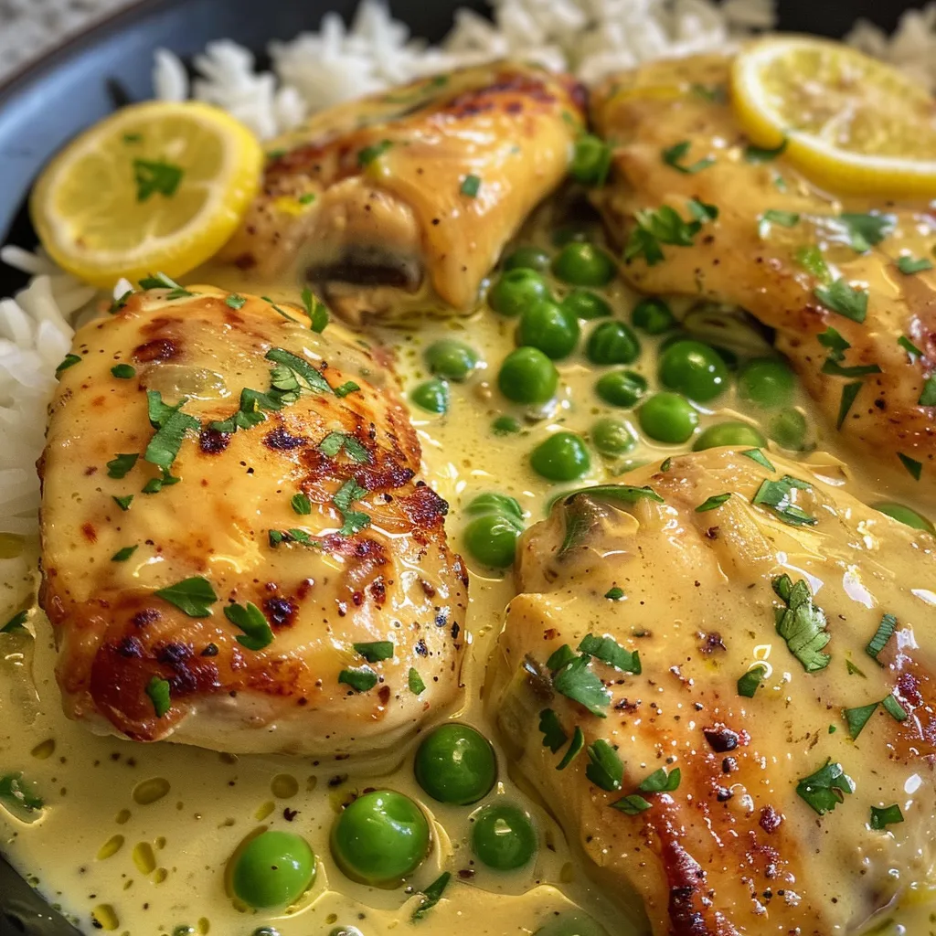 Side view of tender chicken drizzled with a rich lemon butter sauce on a plate.