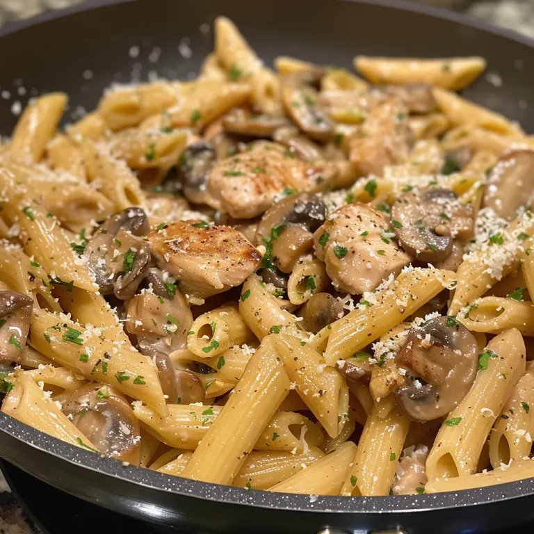 Close-up view of creamy chicken and mushroom pasta in a white bowl, with herbs sprinkled on top.