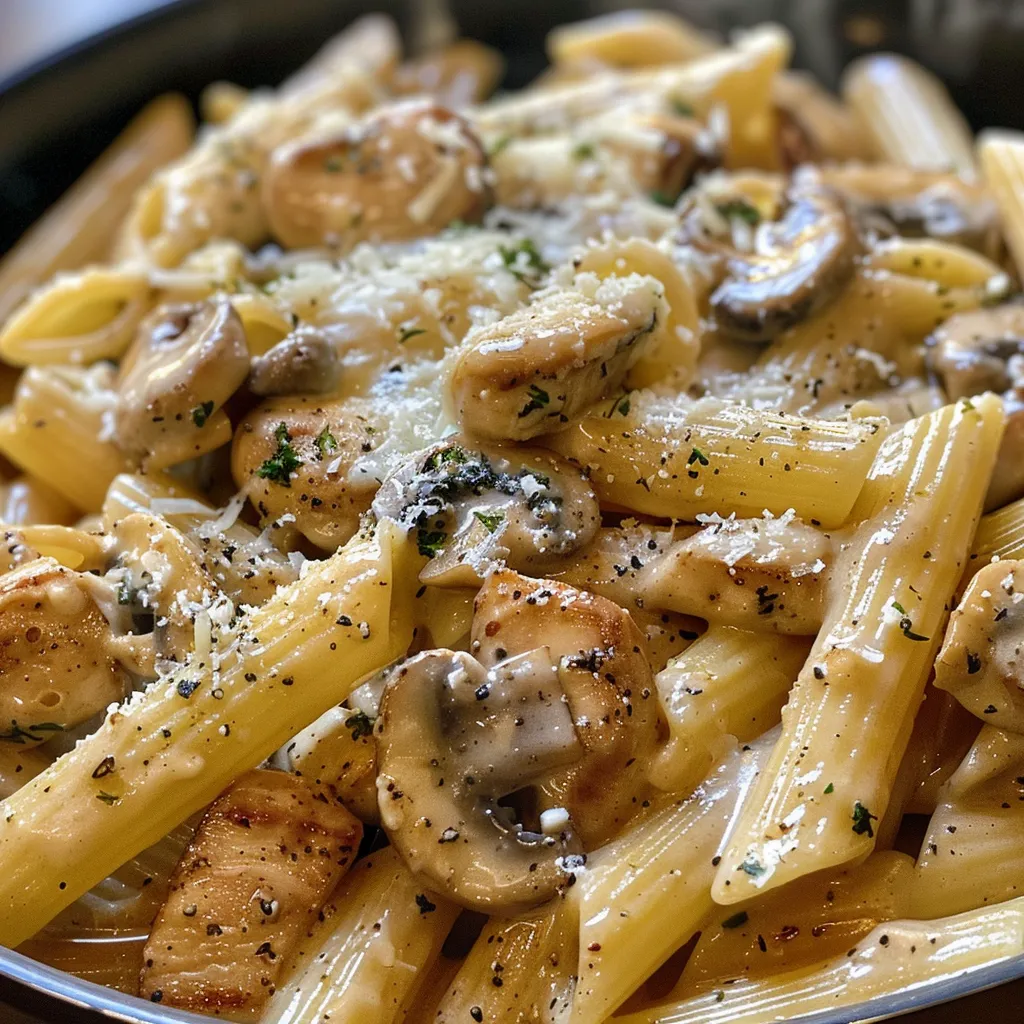 Creamy chicken and mushroom penne pasta served in a stylish dish, showcasing a rich sauce.