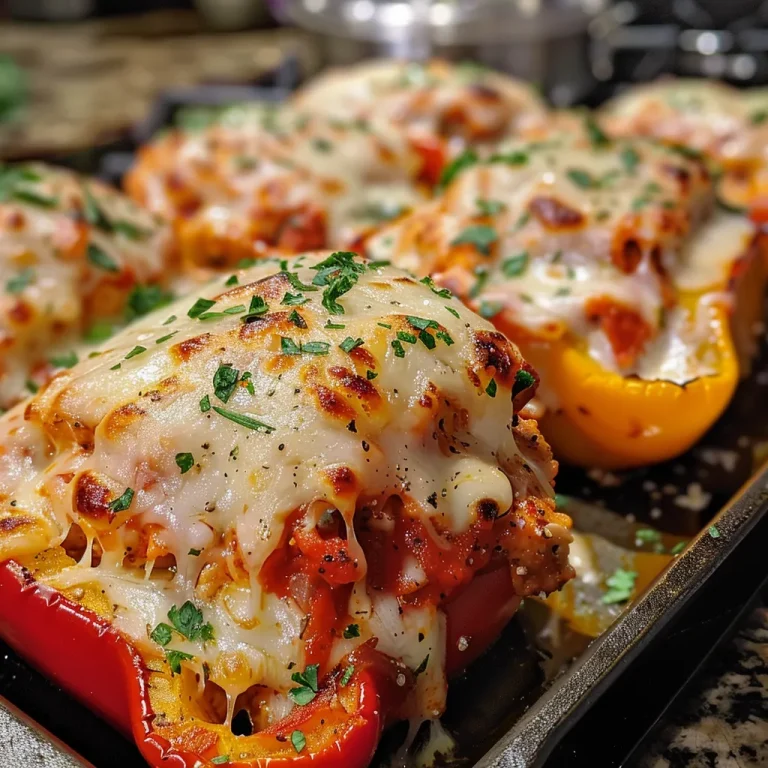 Close-up view of Chicken Parm Stuffed Peppers filled with melted cheese and marinara.
