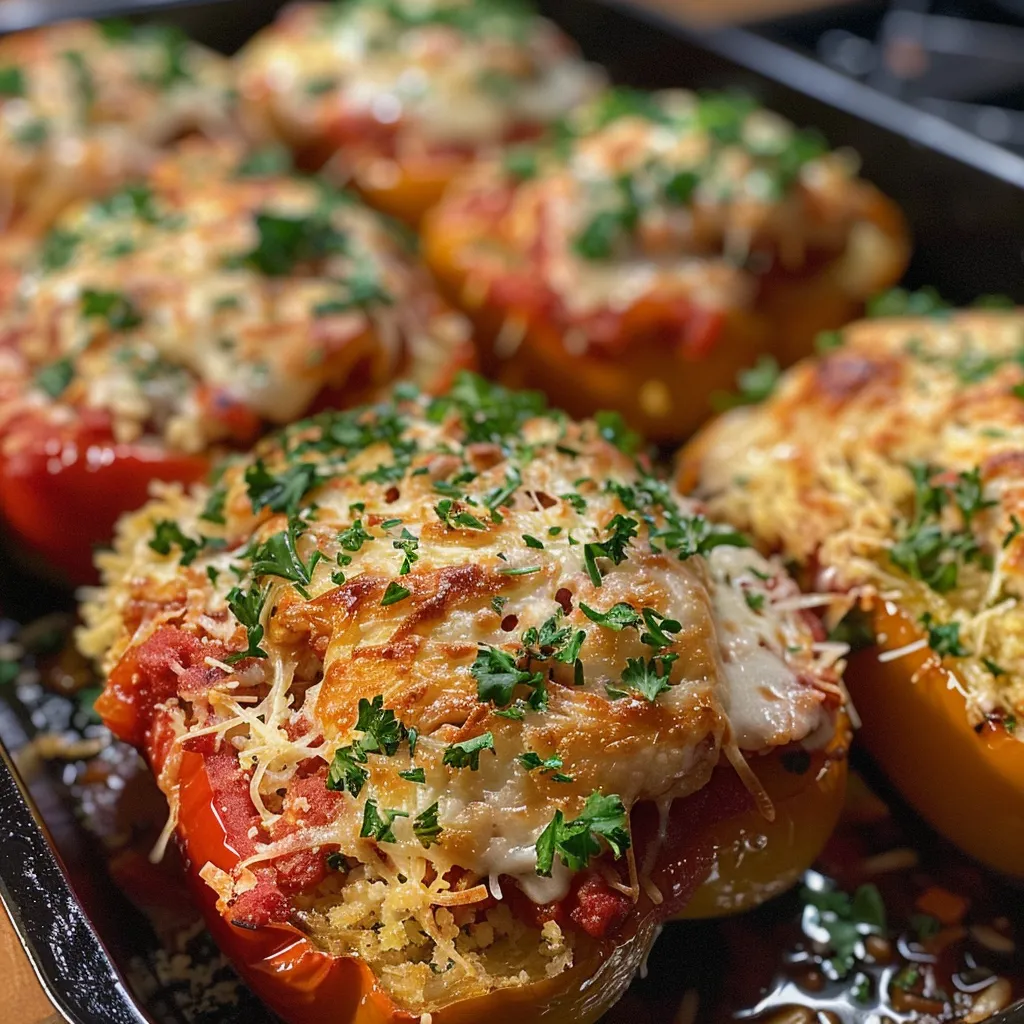 Side view of juicy Chicken Parm Stuffed Peppers, showcasing colorful bell pepper halves.
