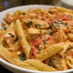 Close-up view of creamy tomato chicken pasta garnished with herbs.