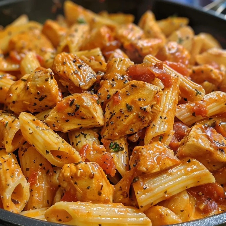 Close-up of creamy tomato pasta with chicken, garnished with herbs.
