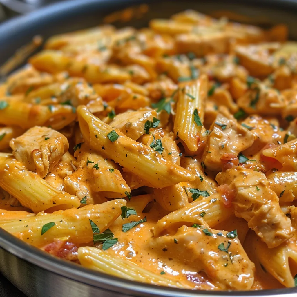 Juicy chicken pasta in a rich creamy tomato sauce, freshly cooked.