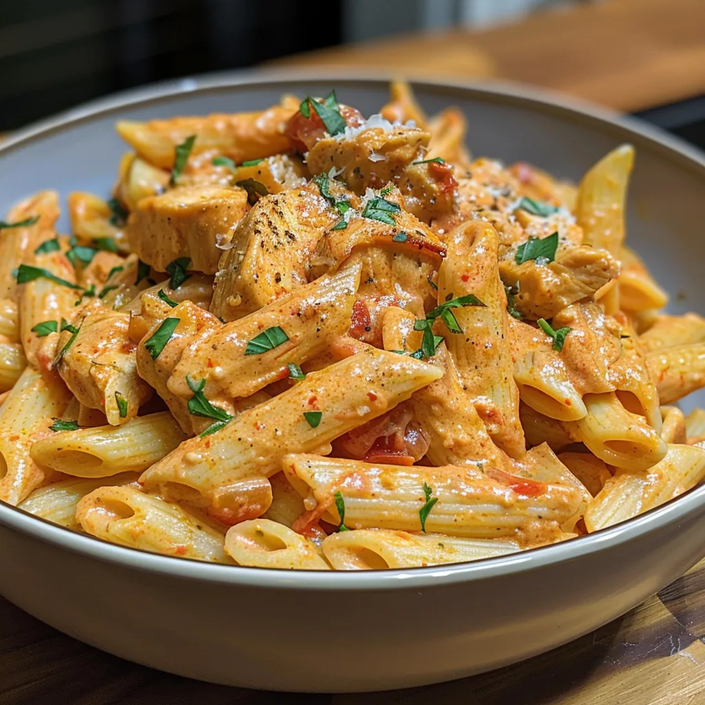 Side view of a bowl of chicken pasta in rich tomato sauce.
