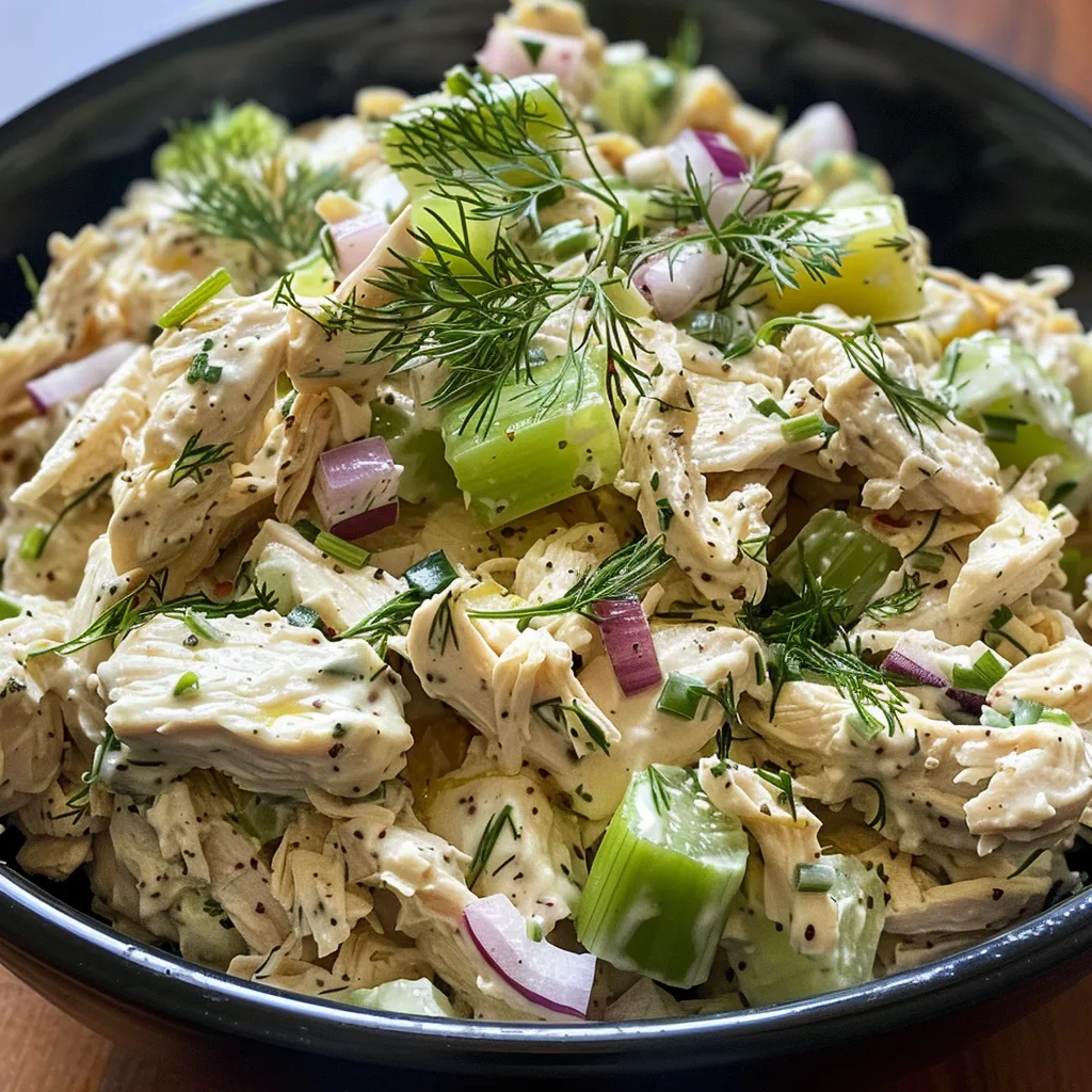 Side view of a fresh chicken salad featuring chopped chicken, celery, and red onion.