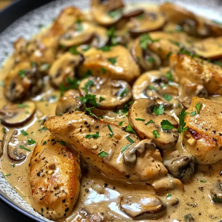 Close-up view of a creamy Chicken Stroganoff served in a bowl with mushrooms and herbs.