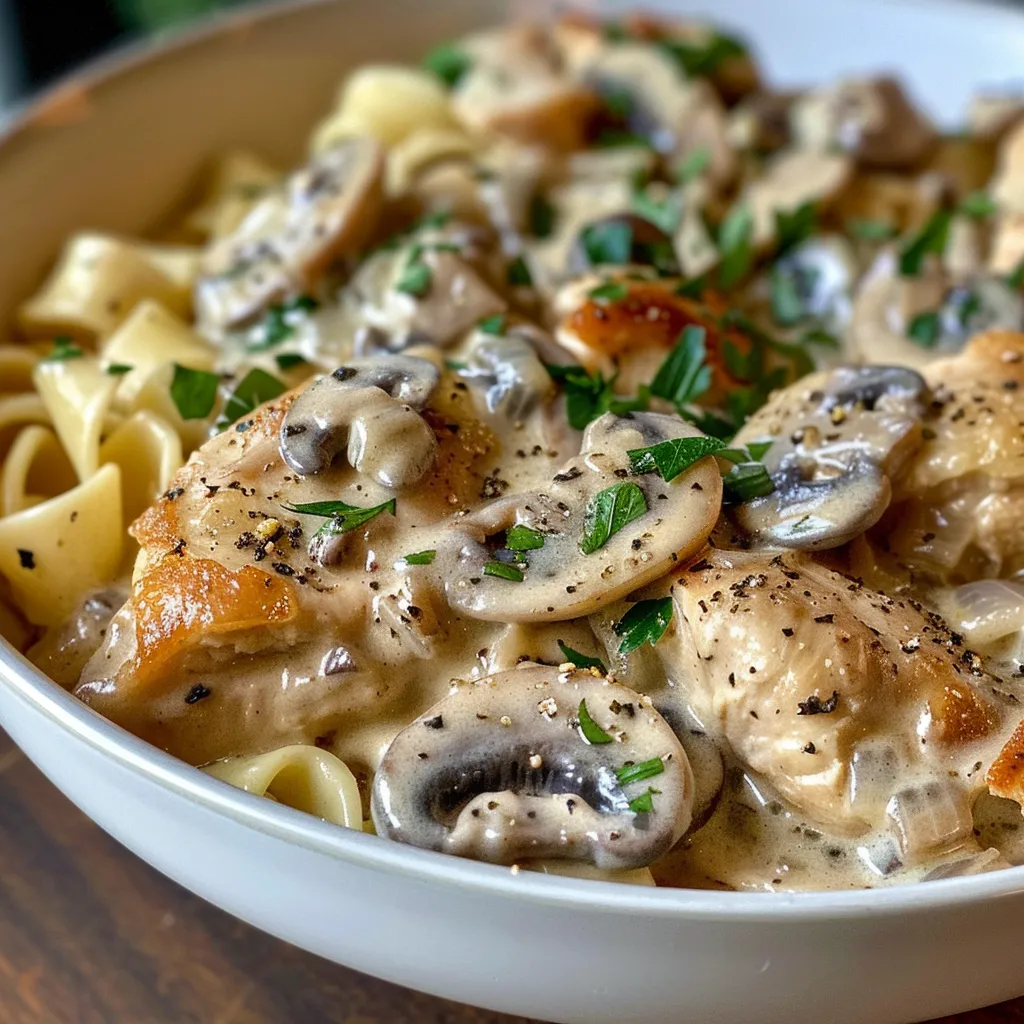 Side view of Chicken Stroganoff featuring tender chicken pieces and a rich sauce on a plate.