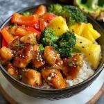 Close-up view of a Chicken Teriyaki Pineapple Bowl featuring colorful ingredients.