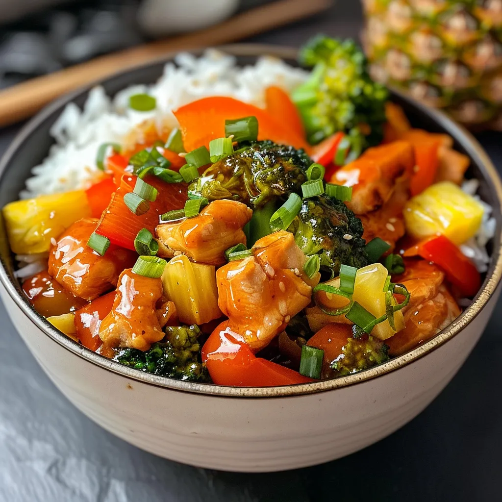 Side angle of a bowl containing Chicken Teriyaki, pineapple, and vegetables on a wooden table.