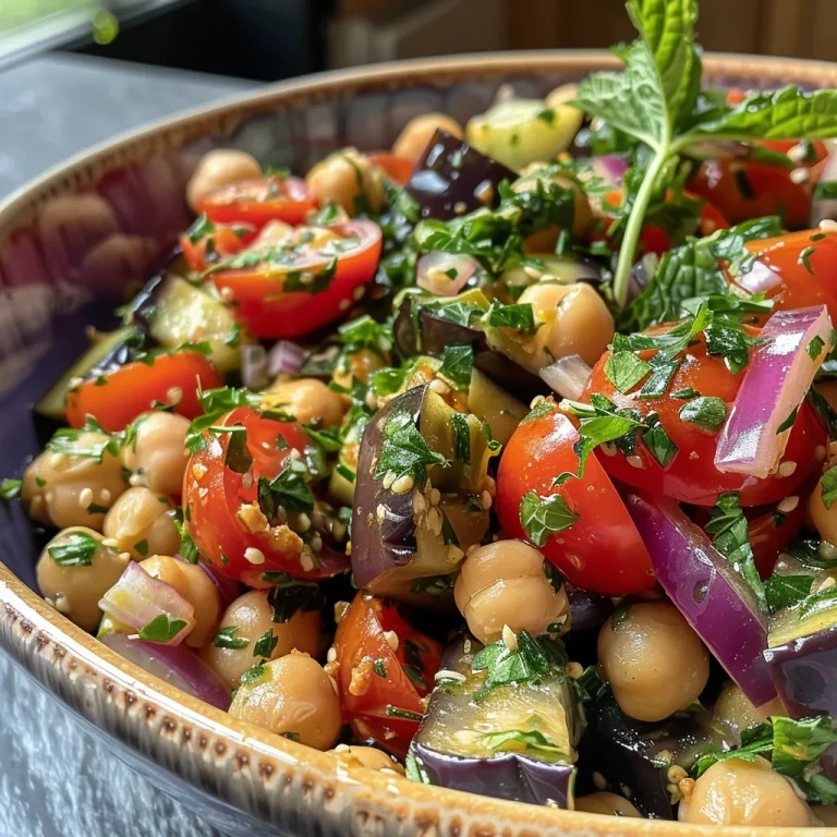 A vibrant salad featuring chickpeas, eggplant, and fresh vegetables, displayed in a bowl.
