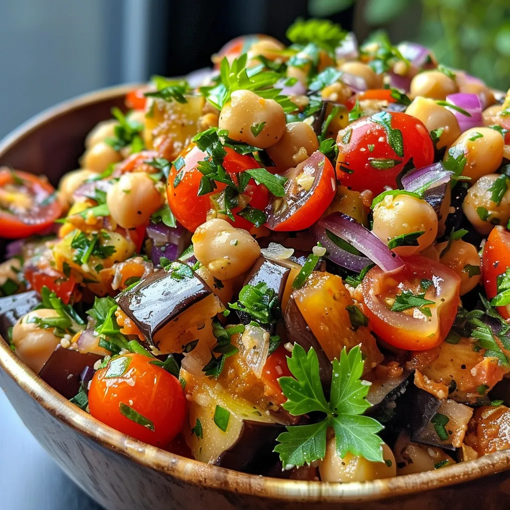 Close-up of a colorful chickpea and eggplant salad with cucumbers, tomatoes, and herbs.
