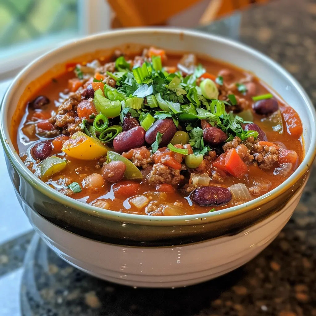 Side view of a hearty serving of Chili Con Carne, showcasing meat and vegetables.