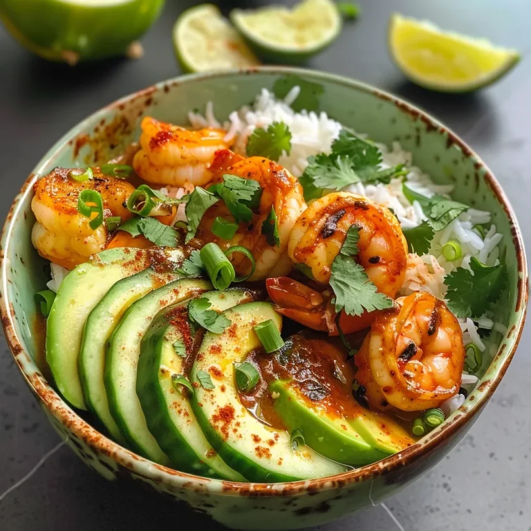 Close-up view of a colorful shrimp bowl featuring chili-lime shrimp, sliced avocado, and cucumber salad.