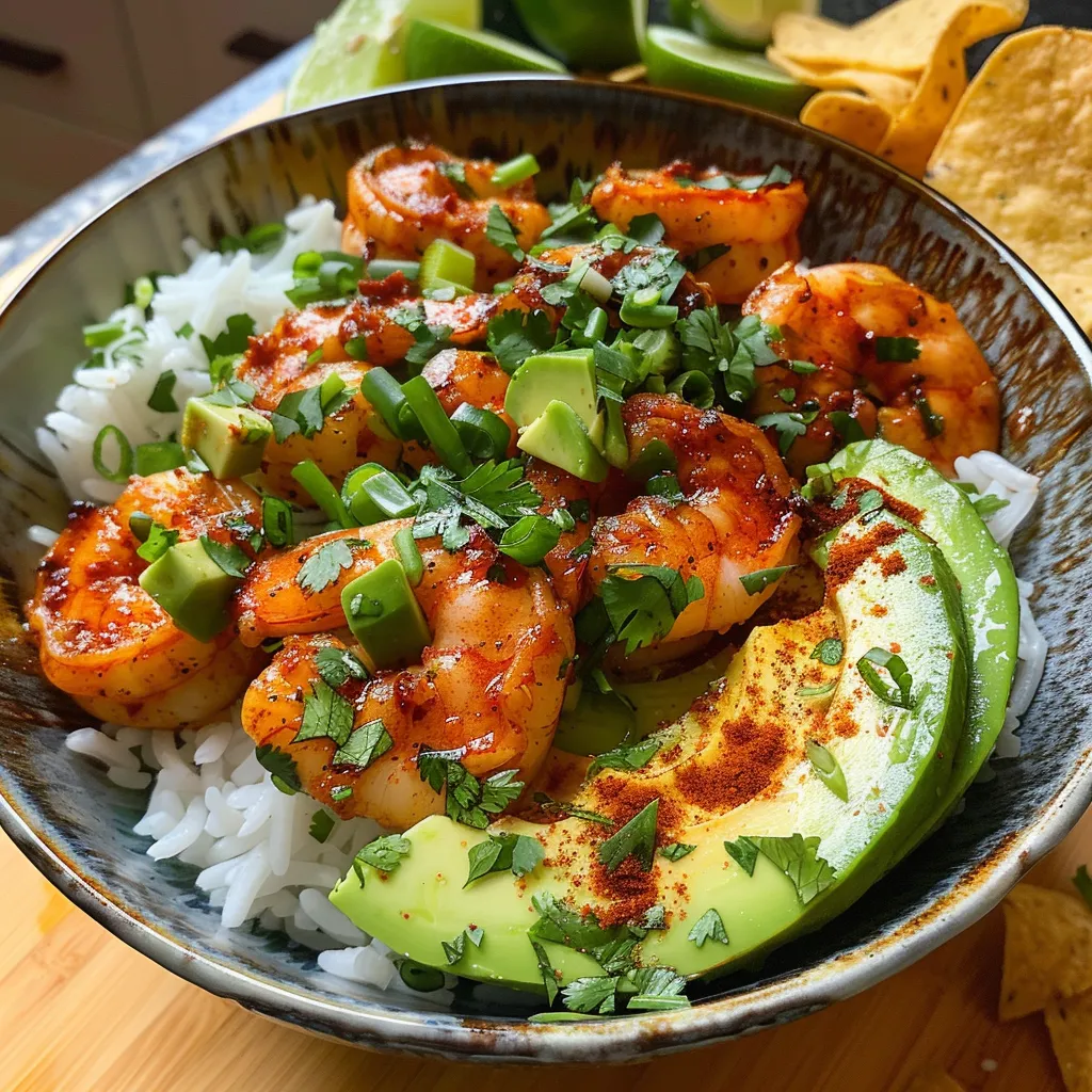 Side view of a vibrant bowl featuring shrimp, rice, and fresh toppings like avocado and cabbage.