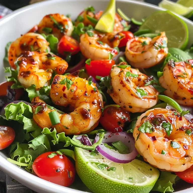 A vibrant, colorful bowl of Chili Lime Shrimp Salad featuring shrimp, greens, and fresh vegetables.