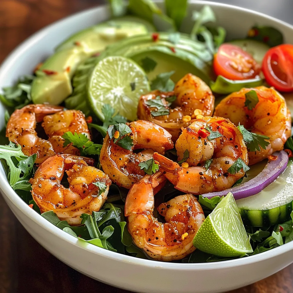 Close-up view of a Chili Lime Shrimp Salad showcasing juicy shrimp and a medley of fresh ingredients.