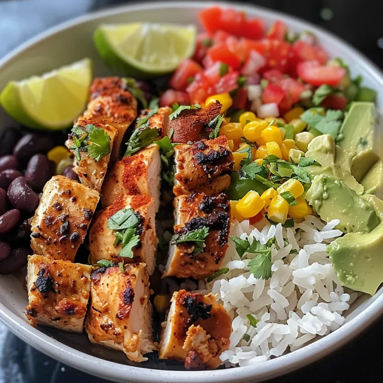Close-up of a Chipotle Lime Chicken Burrito Rice Bowl with vibrant ingredients.
