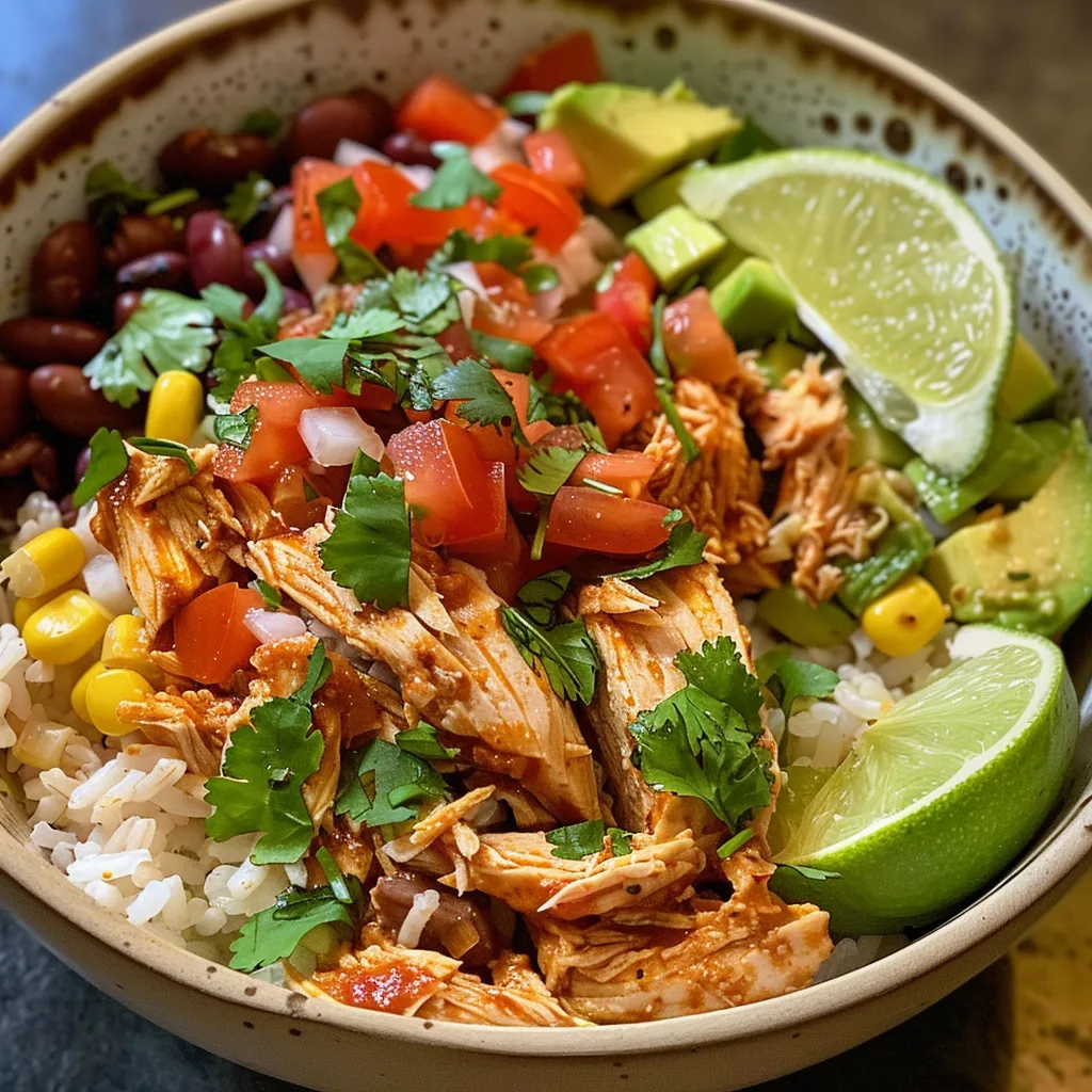 Side view of a delicious bowl featuring Chipotle Lime Chicken, rice, and toppings.