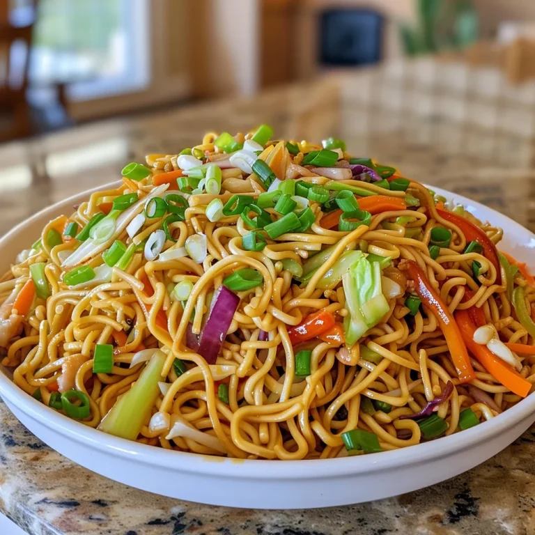 Close-up of a vibrant bowl of Chow Mein with colorful vegetables and noodles.