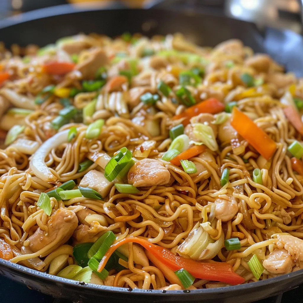 Side view of a homemade Chow Mein dish featuring vibrant bell peppers and green onions.