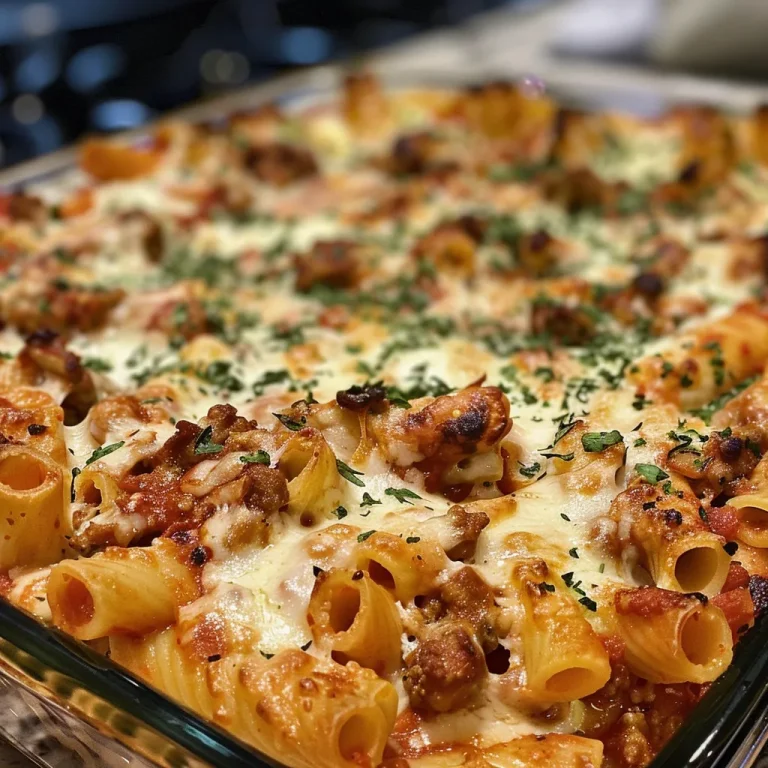 A close-up side view of a serving of baked ziti topped with melted cheese and herbs.