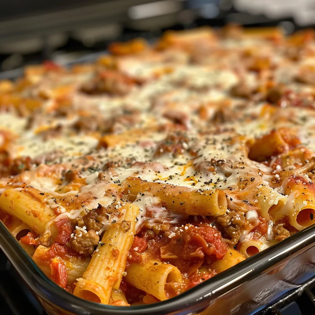 Juicy baked ziti in a dish, showcasing layers of pasta, sauce, and cheese.