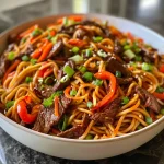 Close-up view of a bowl of Classic Beef Lo Mein, showcasing juicy beef, colorful vegetables, and noodles.