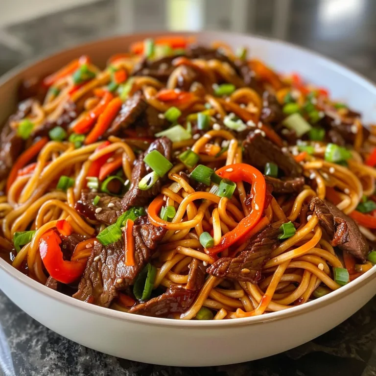 Close-up view of a bowl of Classic Beef Lo Mein, showcasing juicy beef, colorful vegetables, and noodles.