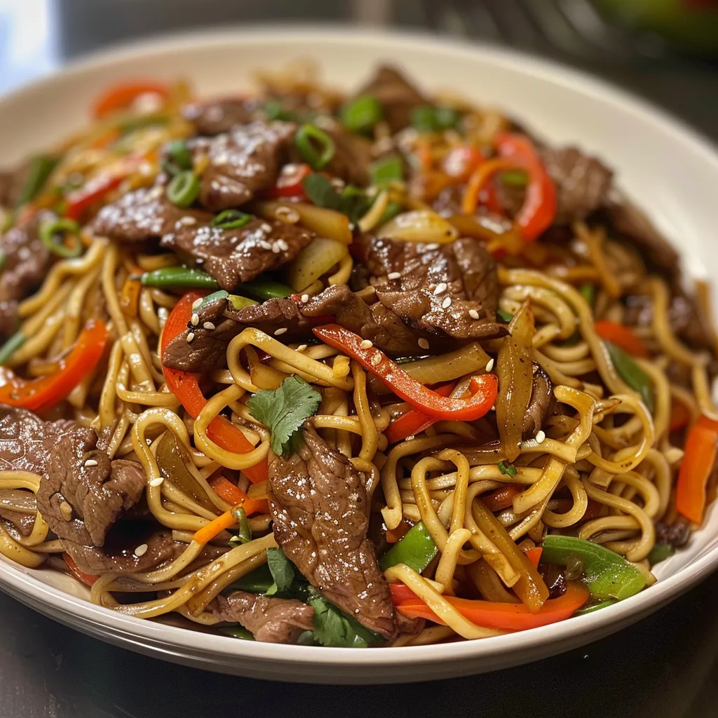 Side angle of a plate filled with Classic Beef Lo Mein, highlighting the vibrant colors of vegetables and noodles.