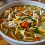 Close-up of a bowl filled with Classic Chicken Noodle Soup, featuring noodles, chicken, and vegetables.