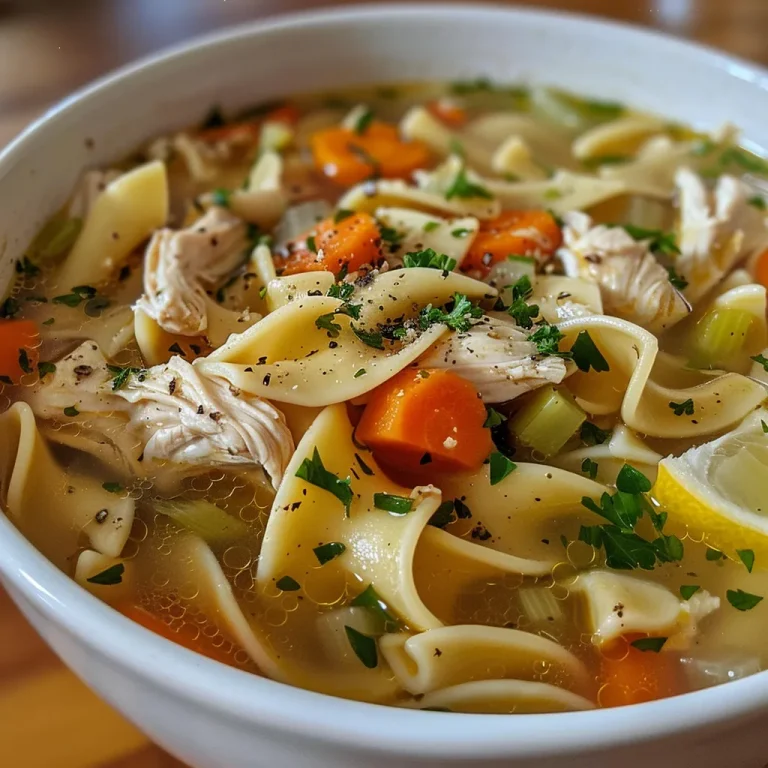 Close-up of a bowl filled with Classic Chicken Noodle Soup, featuring noodles, chicken, and vegetables.