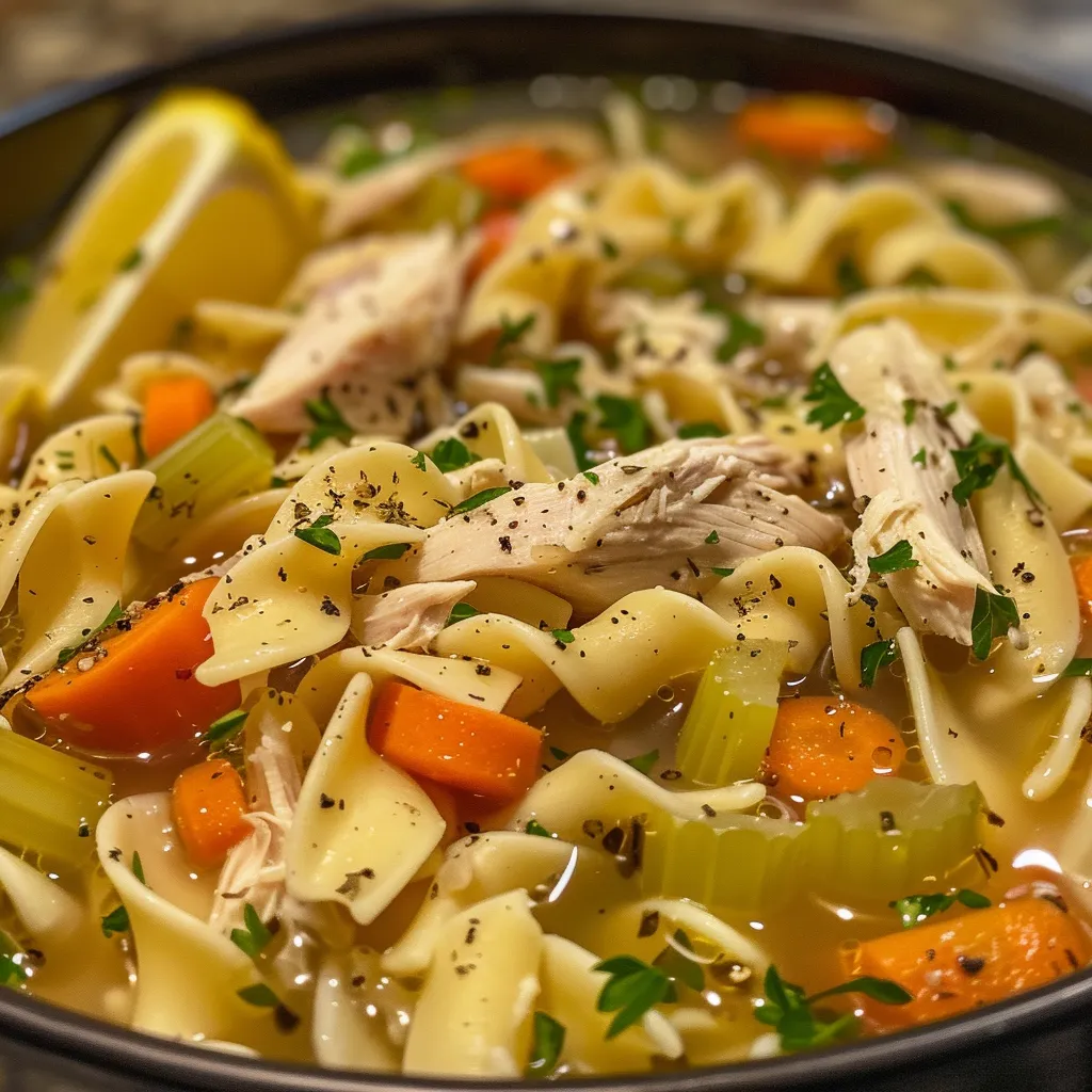 A side view photo of homemade Chicken Noodle Soup, showing juicy chicken and colorful vegetables.