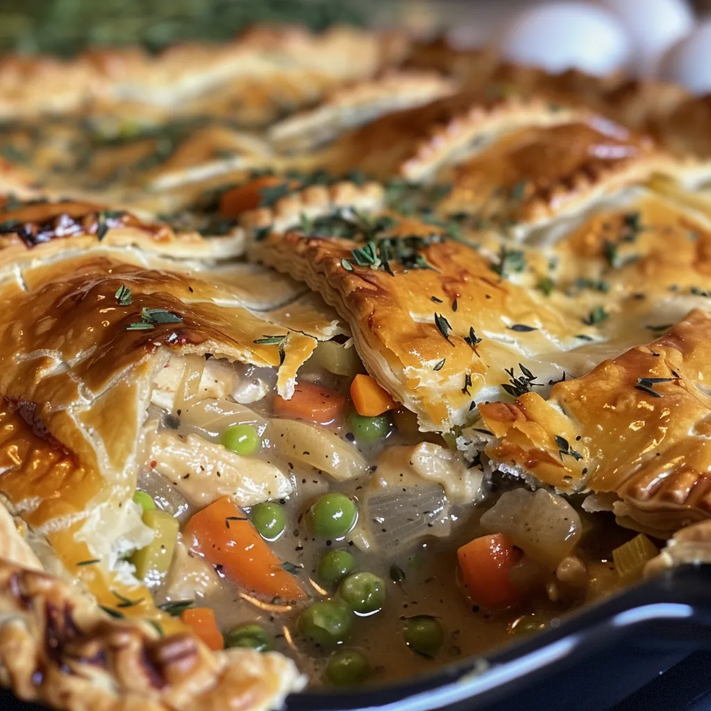 Side view of a delicious Chicken Pot Pie with flaky crust and visible filling.